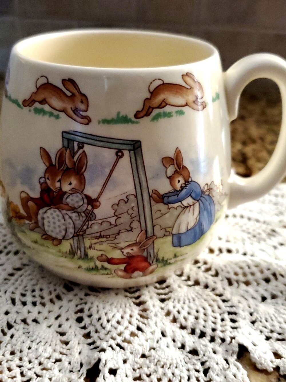 Royal Doulton Bunnykins Mug Cup Vintage England Fine Bone China ~ Swinging